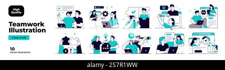 Business Teamwork illustrations. Mega set. Collection of scenes with men and women taking part in business activities. Trendy vector Illustration Stock Vector