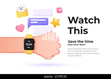 Cartoon hand with smart watch over white background. Gadget with empty black blank screen surrounded with apps. 3d vector illustration. Stock Vector