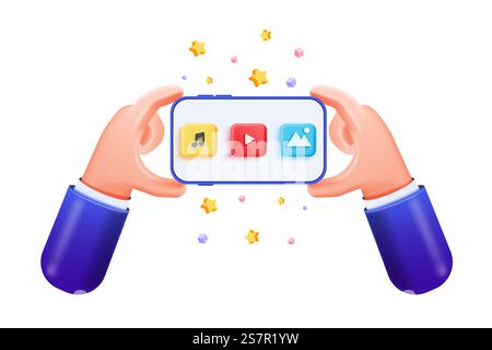 3D Cartoon hands holding smartphone isolated on white background, Hand using mobile phone mockup. 3d Vector illustration Stock Vector
