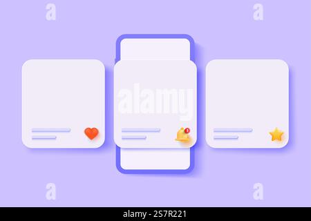 Minimal social media mockup, smartphone with interface carousel and notification post on social network on purple background. 3d render illustration Stock Vector