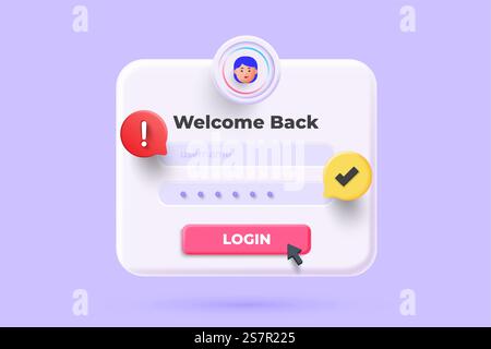 Login page 3D Illustration, Notifications page with floating elements. User name, password fields 3d rendering. Vector Illustration. Stock Vector