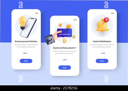 Set of UI, UX, GUI screens Online payment app template for mobile apps, responsive website wireframes. Web design UI kit. Online shopping onboarding screens. Vector 3d Illustration Stock Vector