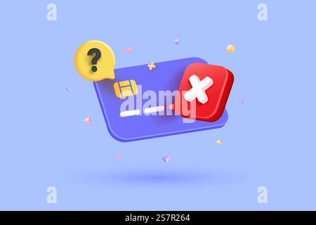 3D declined payment credit card. Canceled payment design concept. Error ...