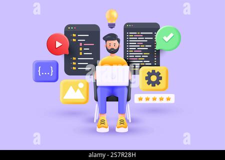 Cartoon beard handsome character casual man seat at desk working on laptop. A developer of project team of engineers for website coding. Software programming, web agency, professional employee at laptop. 3d vector illustration. Stock Vector