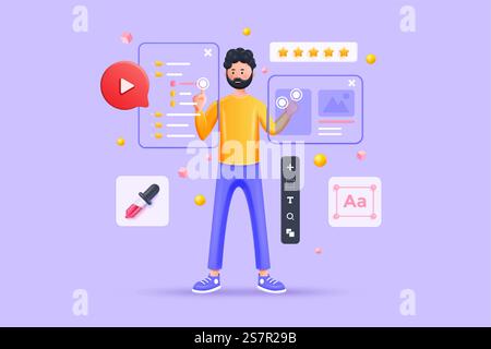 Cartoon beard handsome character casual man working in virtual space. A designer of project team of engineers for website coding. Software programming, web agency, professional employee at laptop. 3d vector illustration. Stock Vector