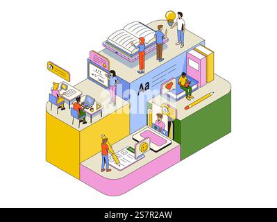 Students using an online learning app: innovative education and technology concept. Modern Infographics concept. Vector Isometric illustration Stock Vector