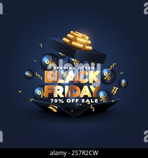 Black Friday Super Sale. Realistic black gifts boxes. Open gift box full of decorative festive object. Golden text lettering. New Year and Christmas design. Xmas background. Vector 3d illustration Stock Vector