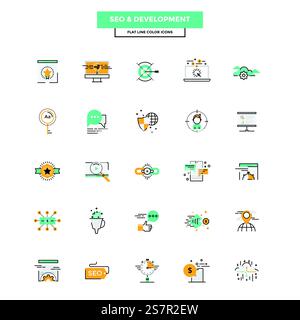Set of Modern Flat Line icon Concept of Seo,Development , Management, Online Marketing, Research and Analysis use in Web Project and Applications. Vector Illustration Stock Vector