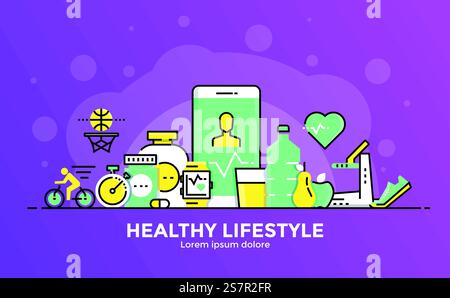 Thin line smooth gradient flat design banner of Healthy Lifestyle for website and mobile website, easy to use and highly customizable. Modern vector illustration concept, isolated on white background. Stock Vector