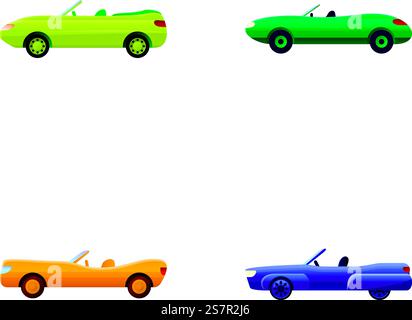 Cabriolet icons set cartoon vector. Convertible in various color. Passenger car. Cabriolet icons set cartoon vector. Convertible in various color Stock Vector