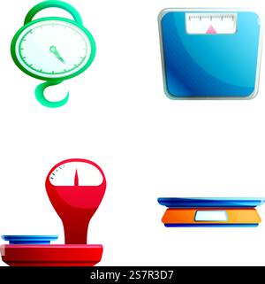 Scale icons set cartoon vector. Floor, industrial and manual scale. Weighing, measuring. Scale icons set cartoon vector. Floor industrial and manual scale Stock Vector