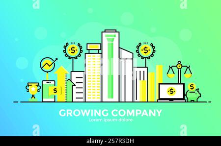 Thin line smooth gradient flat design banner of Growing Company for website and mobile website, easy to use and highly customizable. Modern vector illustration concept, isolated on white background. Stock Vector