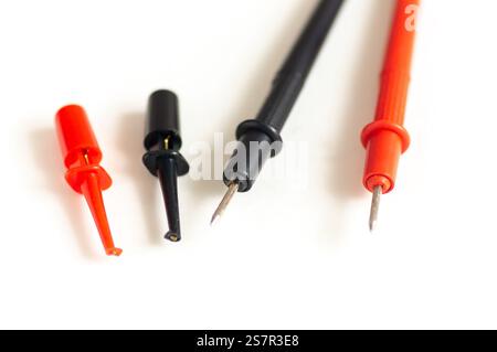 Multimeter Probe Test Lead Cable. two electrical multi or voltage meter probes on a white background Stock Photo