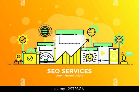 Thin line smooth gradient flat design banner of Seo services for website and mobile website, easy to use and highly customizable. Modern vector illustration concept, isolated on white background. Stock Vector