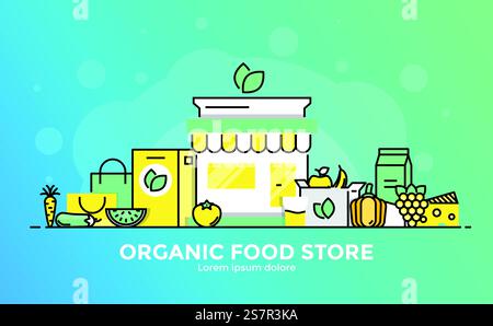 Thin line smooth gradient flat design banner of Organic Food Store for website and mobile website, easy to use and highly customizable. Modern vector illustration concept, isolated on white background. Stock Vector