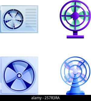 Ventilation icons set cartoon vector. Modern ventilating device. Fan, air conditioner. Ventilation icons set cartoon vector. Modern ventilating device Stock Vector