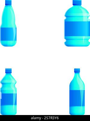 Bottled water icons set cartoon vector. Pure drinking water in plastic container. Drink, beverage. Bottled water icons set cartoon vector. Pure drinking water in plastic container Stock Vector