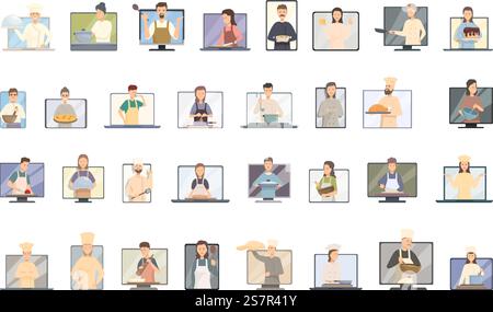 Online cooking classes icons set cartoon vector. Cook class. Woman online screen. Online cooking classes icons set cartoon vector. Cook class Stock Vector