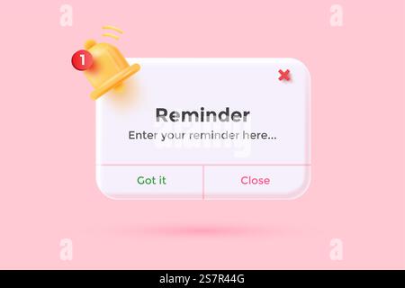 Reminder 3D Illustration, Notifications page with floating elements. Business planning ,events, reminder and timetable with 3d rendering. Vector Illustration. Stock Vector