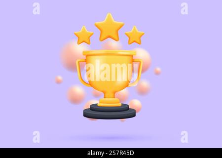 3d golden cup, gold winners stars with objects floating around on isolated background. 3d champions rewards ceremony concept with ranking style. 3d vector render illustration Stock Vector