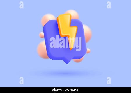3D thunder bolt icon on purple background. Striking of thunderbolt energy spark, flash lightning, danger and power. 3d lightning strike. 3d vector render illustration Stock Vector