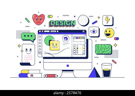 Graphic design concept. Table with computer and related icons. Flat line 90s cartoon style. Vector illustration Stock Vector