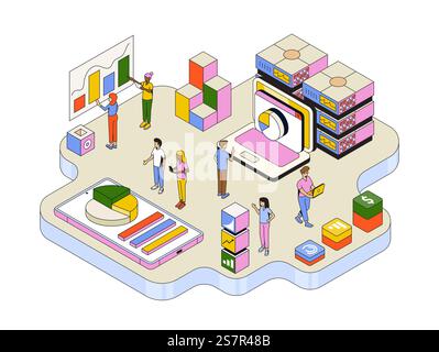 Concept with people or analysts working on data. Automated data analysis, financial forecast, market research. Modern isometric vector illustration Stock Vector