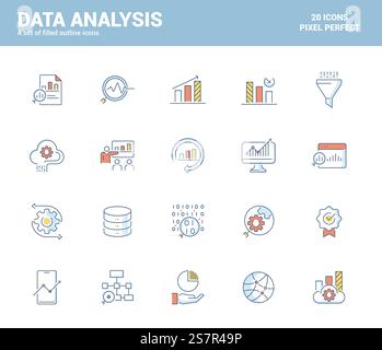Set of flat line filled icons for Data analysis theme, suitable for mobile concepts, web application, printed media and infographics projects. Vector Illustration Stock Vector