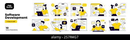 Software Development illustrations. Mega set. Collection of scenes with men and women involved in software or web development. Vector Illustration Stock Vector
