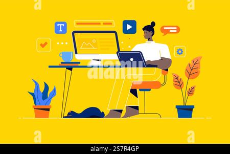 Graphic designer creating functional web interface design for websites and mobile apps. Digital wireframing process concept. Colored flat vector illustration isolated on yellow background Stock Vector