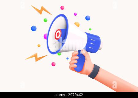 Cartoon hand holding megaphone 3d render on white background with copy space. Digital Marketing concept. 3d Vector illustration Stock Vector