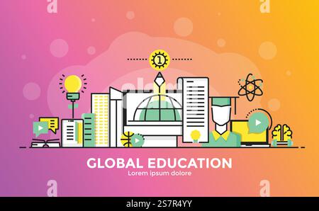 Thin line smooth gradient flat design banner of Global Education for website and mobile website, easy to use and highly customizable. Modern vector illustration concept, isolated on white background. Stock Vector