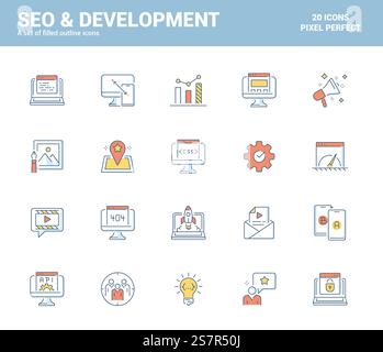 Set of flat line filled icons for Marketing theme, suitable for mobile concepts, web application, printed media and infographics projects. Vector Illustration Stock Vector