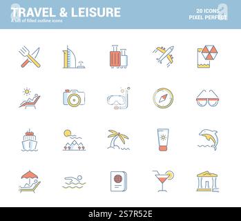 Set of flat line filled icons for Travel and Leisure theme, suitable for mobile concepts, web application, printed media and infographics projects. Vector Illustration Stock Vector