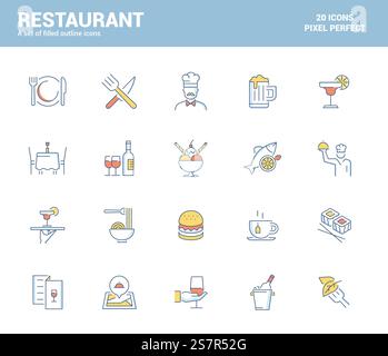 Set of flat line filled icons for Restaurant theme, suitable for mobile concepts, web application, printed media and infographics projects. Vector Illustration Stock Vector
