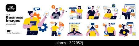 Business Concept illustrations. Mega set. Collection of scenes with men and women taking part in business activities. Vector illustration Stock Vector