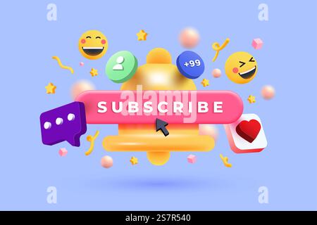 3D Subscribe bell notification with confetti. Congratulations on new social media followers. New subscriber in social network. Cartoon creative design icon isolated on purple background. 3D Vector illustration Stock Vector