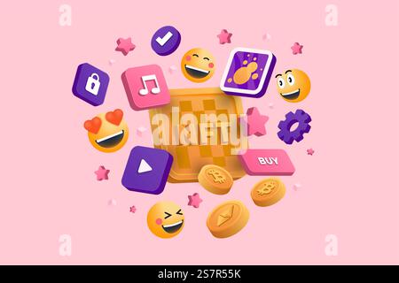 Crypto Coins, trading NFT non fungible token for crypto art, ethereum based in blockchain technology and disruptive monetization in collectibles market. 3d Vector illustration Stock Vector