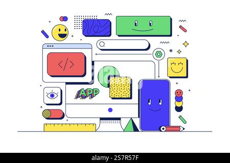 App development concept. Mobile phone, pc and related icons. Flat line 90s cartoon style. Vector illustration Stock Vector