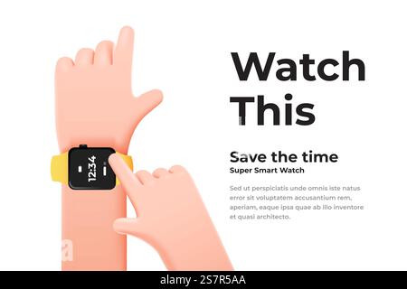 3d illustration. Cartoon hand with smart watch on white background. Cartoon device Mockup. Vector 3d illustration Stock Vector