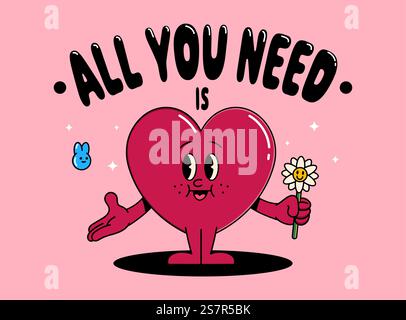 Funny cartoon character of Heart. Can be used as Sticker, posters, prints. The comic elements in trendy retro cartoon style. Vector illustration Stock Vector