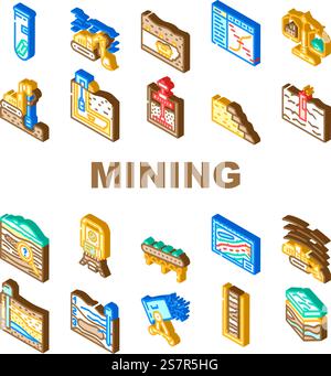 mining engineer industry icons set vector. miner coal, equipment machinery, work business, engineering safety worker technology mining engineer industry isometric sign illustrations. mining engineer industry icons set vector Stock Vector
