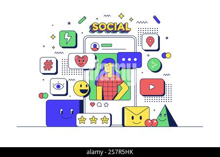 Social Media concept. Mobile phone and related icons. Flat line 90s cartoon style. Vector illustration Stock Vector