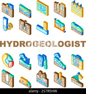 hydrogeologist industrial icons set vector. geology industry, pipe drill, man engineering mining, geologist oil, team, data hydrogeologist industrial isometric sign illustrations. hydrogeologist industrial icons set vector Stock Vector