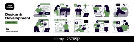 Design and Development illustrations. Mega set. Collection of scenes with men and women involved in software or web development. Vector Illustration Stock Vector