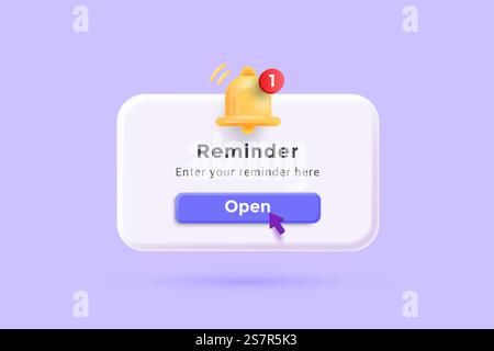 Reminder 3D Illustration, Notifications page with floating elements. Business planning ,events, reminder and timetable with 3d rendering. Vector Illustration. Stock Vector