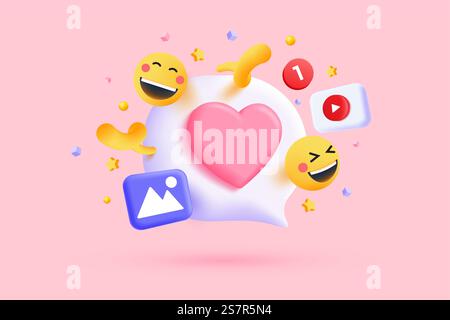 3D social media online platform concept, online social communication on applications, Photo frame with heart and love emoji icon, like and play in red bubble icons. 3d Vector illustration Stock Vector