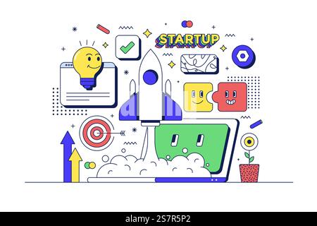 Startup concept. Laptop, rocket and related icons. Flat line 90s cartoon style. Vector illustration Stock Vector