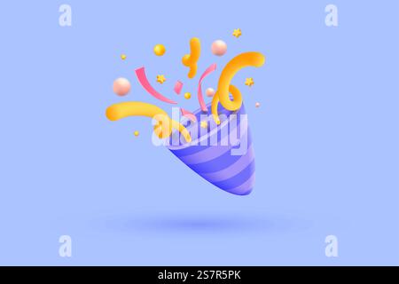 3d party poppers icon with flying confetti and stars. Firecracker 3d with ribbon explode for promo surprise. 3d promo icon vector render illustration Stock Vector
