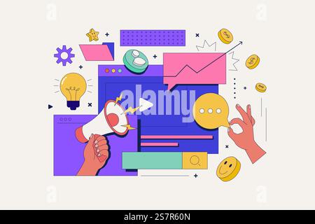 Online marketing concept illustration  with web pages of colorful application icons on media theme. Digital marketing concept. Vector Illustration Stock Vector